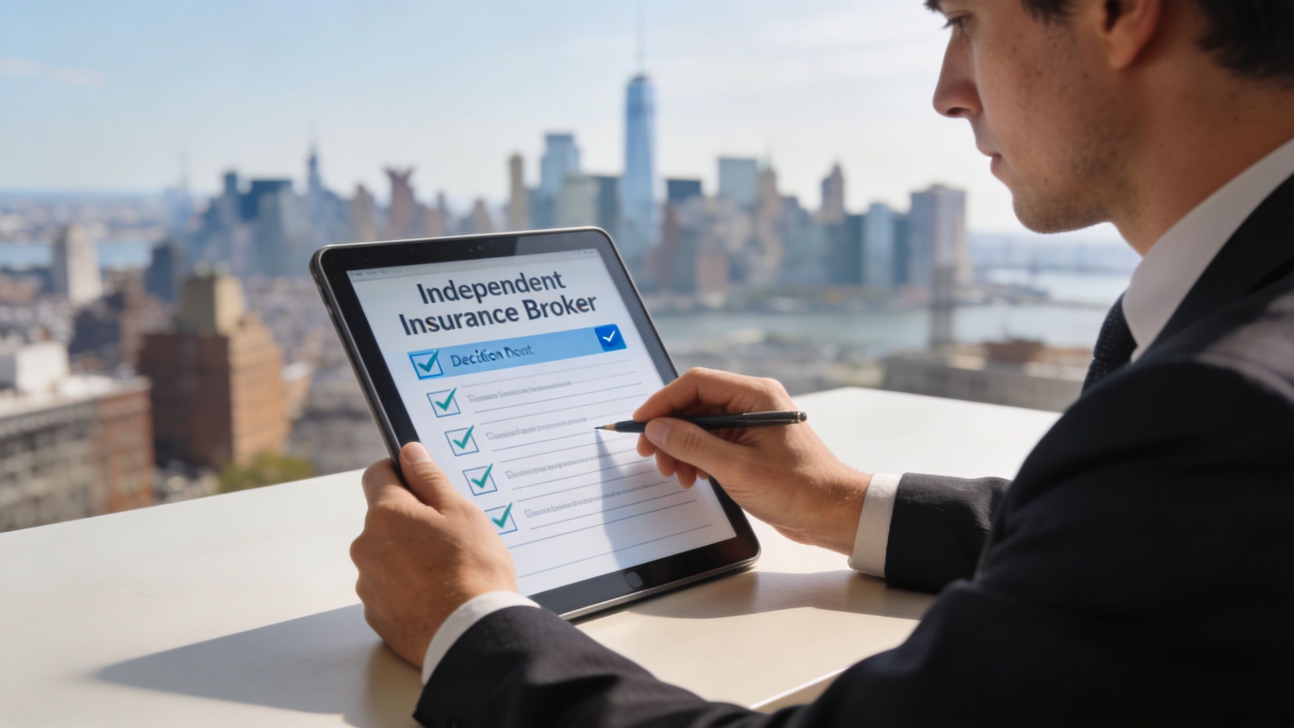 what is an independent insurance broker insurance professional What Is an Independent Insurance Broker? Your 2026 Guide That's where people start asking a very practical question. What is an independent insurance broker, and why would I use one instead of just buying online myself? A professional man holding a tablet displaying an independent insurance broker checklist with a city skyline background.