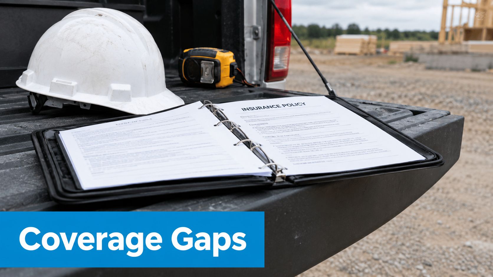 A hard hat, measuring tape, and an open insurance policy document on the tailgate of a truck.