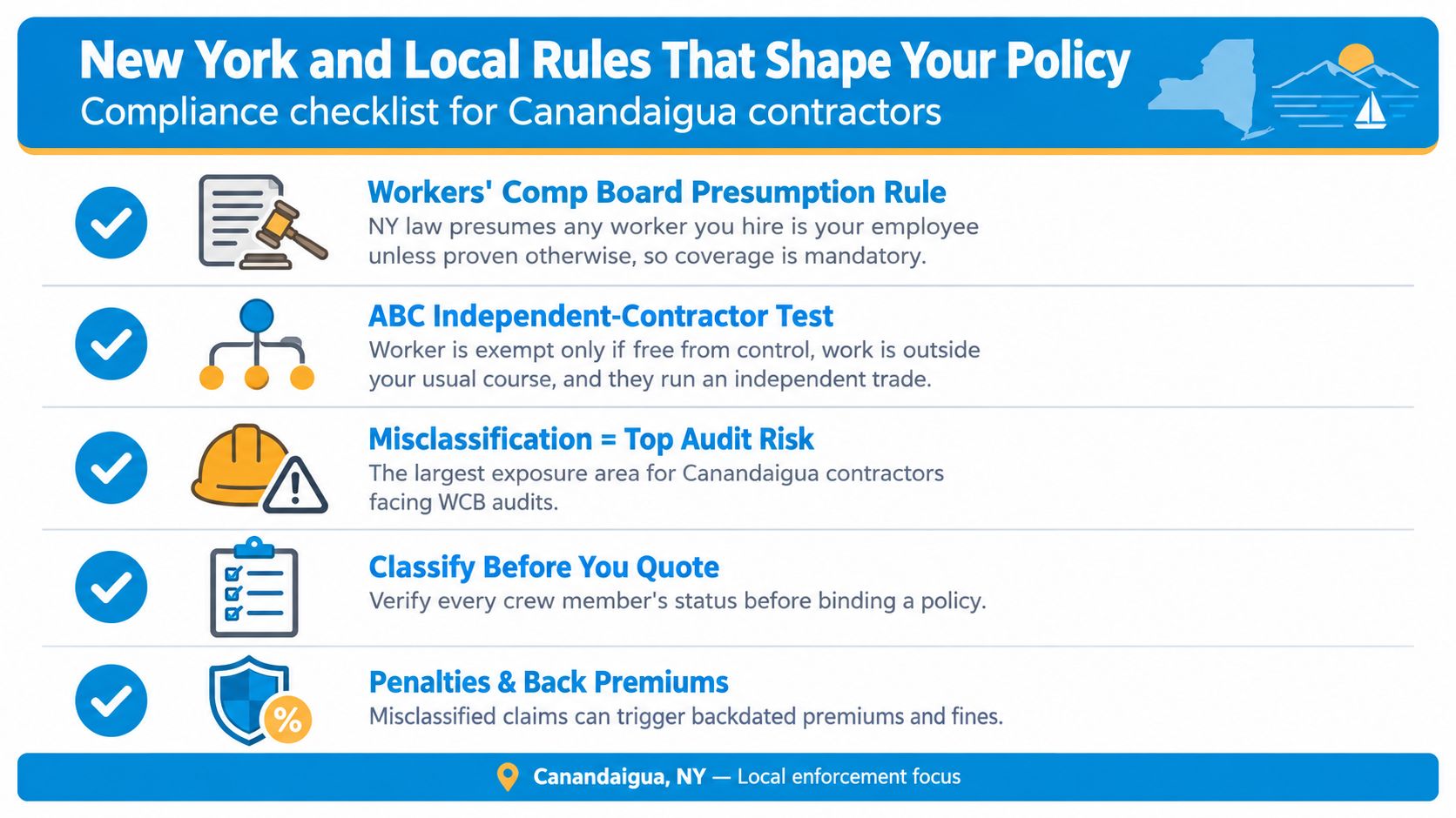 A compliance checklist infographic for Canandaigua contractors outlining worker classification, insurance rules, and audit risks.
