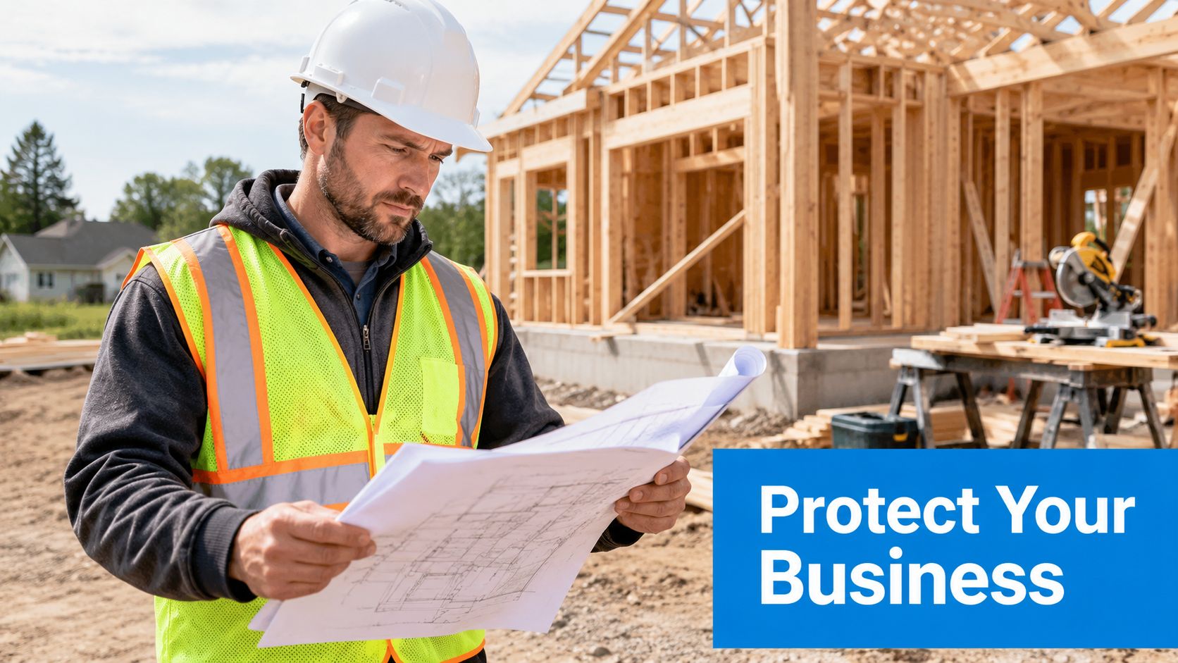 A construction professional reviewing building blueprints at a residential job site in a safety vest.