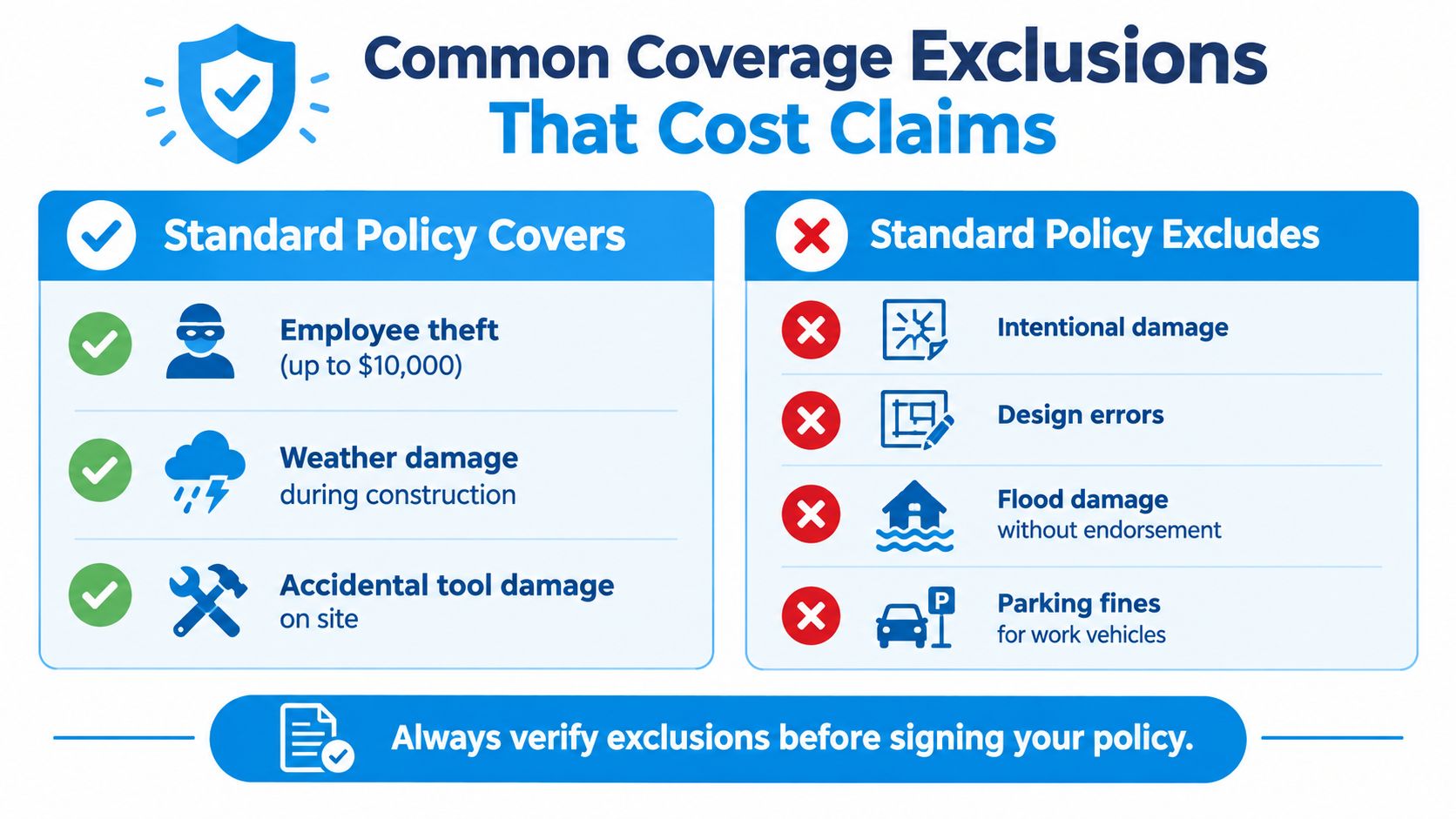 A chart comparing common insurance coverage and standard policy exclusions for construction projects and contractors.